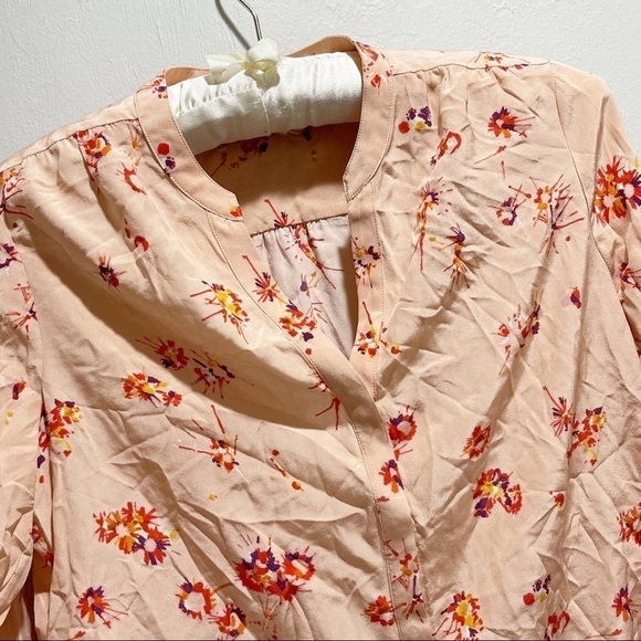 FOUNDRAE Women’s Peach Floral Silk Button Up Ruffle Hem Long Sleeve Blouse Sz 4 - Picture 2 of 9